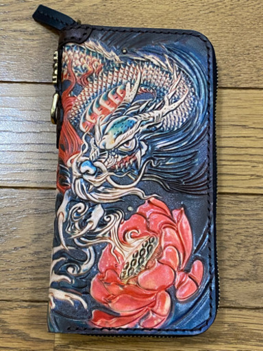 新品未使用　匠の神　神龍x鯉 金運 本革 彫刻カービング 長財布 手染めラウンドファスナー