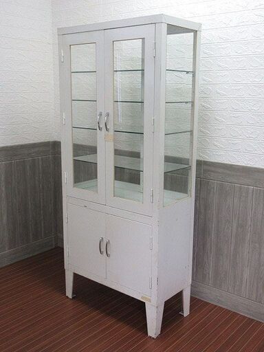 【在庫処分セール】stp-0001　薬品庫　ホワイト　ガラス棚　薬品保管庫　薬棚　薬品ケース　薬品収納　医療棚　飾り棚　白　ケビント　レトロ　アンティーク