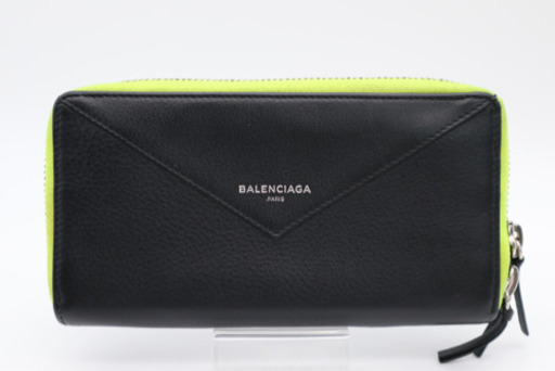 《BALENCIAGA/ロゴプリント ラウンドファスナー長財布》Bランク 黒 黄