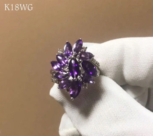 K18WG【天然ダイヤモンド&アメジストリング】9号 ホワイトゴールド 鑑別書付