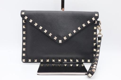 《VALENTINO/スタッズ クラッチバッグ》 ABランク ブラック シルバー