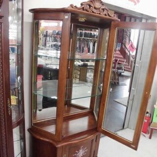 飾り棚 アンティーク調 ライト付 幅87×奥行42×高さ192㎝ ガラス