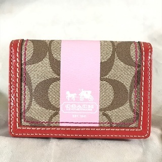 COACH コーチ ピンクレザー×PVCシグネチャー カードケー...