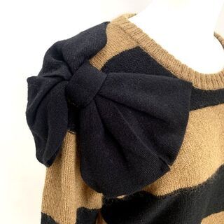 極美品 Kaon カオン ニット セーター 長袖 ボーダー柄 FREE ブラウン ブラック リボン フリーサイズ レディース④の画像