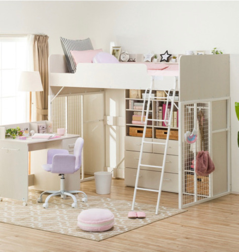 ロフトベッド　机&イス　本棚　洋服掛け　セット