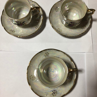 コーヒーカップ、皿の3セット 竹製おしぼり置き3個の画像