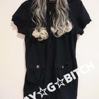 【半袖ワンピース】スエット素材 フード付き ワンピース M/ブラ...