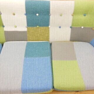 3人掛けソファー　フランフラン　ナビア　パッチワークソファ　3S　GR　緑×青×白×グレー　Francfranc　おしゃれの画像