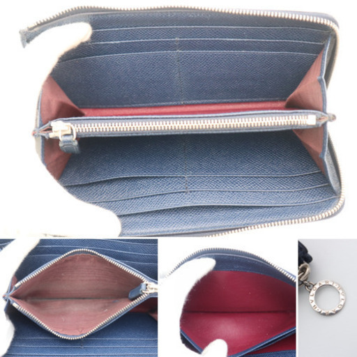 《BVLGARI/L字ファスナー 長財布》Bランク ネイビー ボルドー レザー