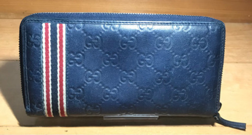 gucci  グッチ　シェリーライン　長財布　ラウンドジップ　シマレザー　ネイビー