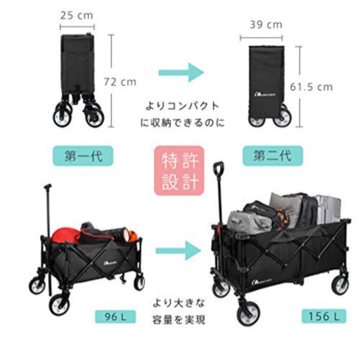 Moon Lence キャリーワゴン 折りたたみキャリーカート 大容量156L アウトドア キャンプ レジャー BBQ 運動会 コンパ
