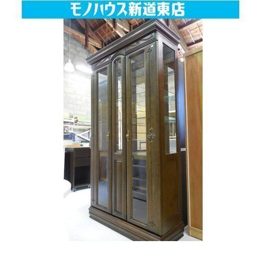 ♢飾り棚 大型カップボード 幅108×高さ194cm ナカジマ工芸 照明点灯Ok ガラス 彫刻 一枚もの 食器棚 札幌市東区 新道東店