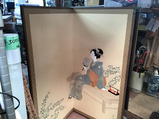 屏風　美人　女性　人物像　立体模様　衝立　二枚折り