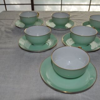 大倉陶園ライトグリーン色蒔きティーカップ6組揃い