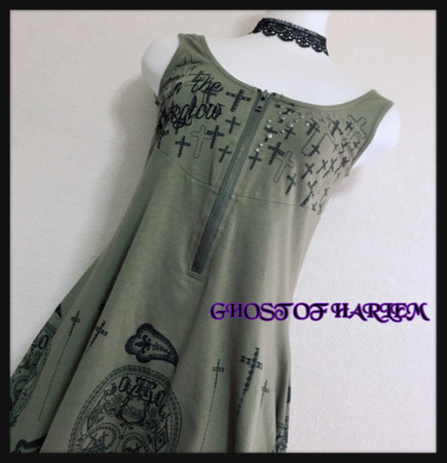 ご購入者様決定[GHOST OF HARLEM]アシンメトリー チュニック 緑 スカル 十字架