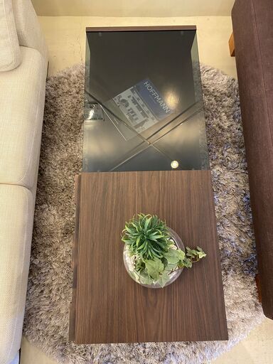 センターテーブル リビングテーブル ガラス天板 茶 収納付き 中古品