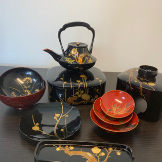 骨董漆器椀 雑煮椀 朱/溜 沈金若松 漆塗り 12-01203/01204 漆器の井助
