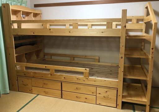 ラッキーベッド 二段ベッド 収納付 階段式 2段ベッド 宮付 LED照明付 耐荷重 500kg フィンランドパイン材 中古品