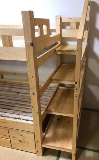 ラッキーベッド 二段ベッド 収納付 階段式 2段ベッド 宮付 LED照明付 耐荷重 500kg フィンランドパイン材 中古品
