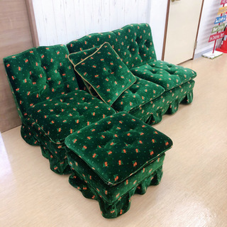無料！レトロかわいいソファ☆2人掛け+1人掛け+オットマン☆クッ...