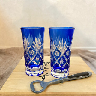 手作り　藍色　切子グラス