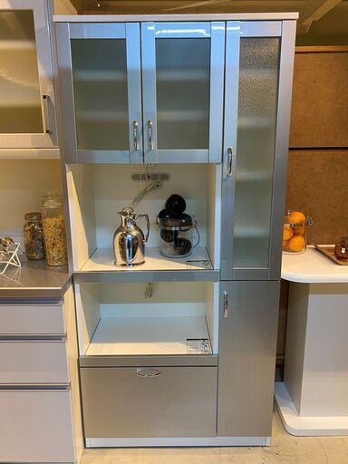 レンジボード 食器棚 キッチン収納 収納棚 シルバー 中古品