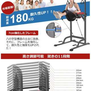 懸垂マシン 室内 ぶらさがり健康器 Wolfyok 耐荷重180kg 土台八の字型 高さ11段 背もたれ6段 アームレスト3段 フルハンマートーン塗装フレーム チンニングスタンド マルチジム 筋トレ 背筋 腹筋 大胸筋 健康器具 ストレッチグッズ トレーニングチューブ付き 家庭用 日本語説明書の画像