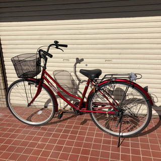 10-591 自転車 赤 カゴ付き 鍵付き ママチャリ 26インチ