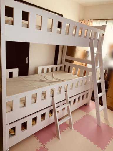 白木製＊3段ベッド＊スライド式＊使用期間5ヶ月美品！