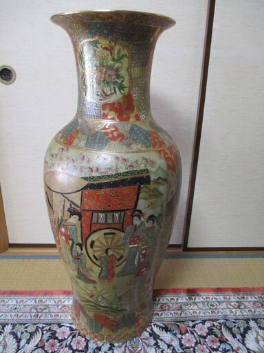 価格交渉可能：陶器 大型飾り壺  薩摩焼？・武者絵 花器 置物  オブジェ  高さ93ｃｍ