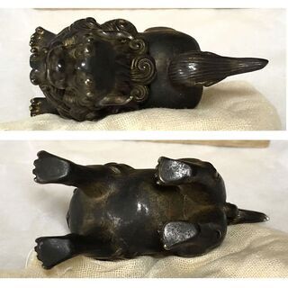 e372 銅器 獅子 香炉 高さ5.5cm 豆香炉 金象嵌 ミニ香炉 木箱入り