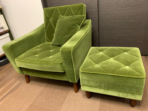 【商談中】カリモク60 ロビーチェア1シーター&オットマン&クッション  モケットグリーン