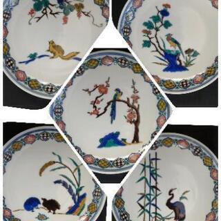 三洋陶器龍峰窯古九谷盛皿揃5枚セット黄地花鳥和皿中皿色絵八角皿
