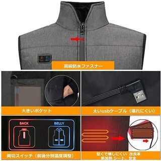 加熱ベスト ヒートジャケット 加熱服 USB充電式電熱ベスト ダブルスイッチ 前後独立温度設定可能 3段階温度調整 保温 防寒 超軽量 臭くない 水洗い可能 5つのサイズから選べます(M-3XL) アウトドア防寒対策の画像