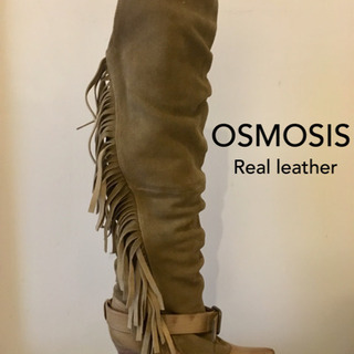 Osmosis 本革スウェードフリンジロングブーツ キャメル