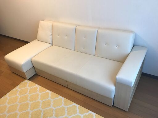 【お取引者様決定】2WAYソファ／シングルソファベッド／ホワイトレザー×ナチュラル