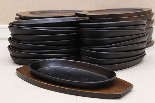 ステーキ皿 鉄板 19枚セット 鉄板皿 プレート木製台付(J765wY)⑥