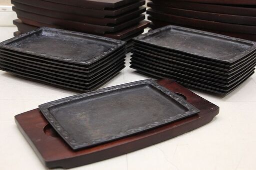 アサヒ ステーキ皿 角唐草大 17枚セット 鉄板皿 プレート木製台付(J766wY)⑦