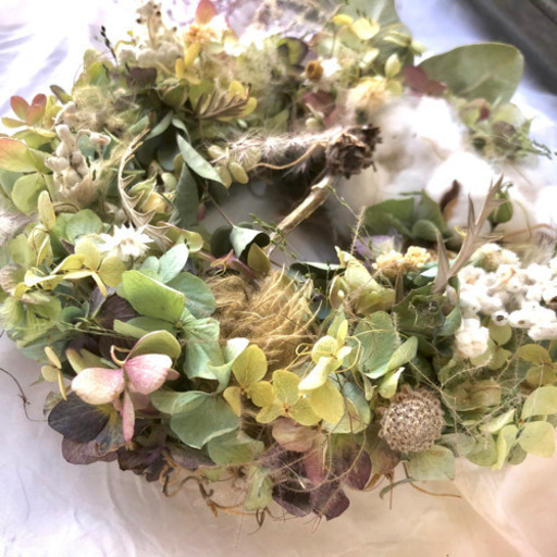 受注制作　鳥達の戯れる紫陽花リース