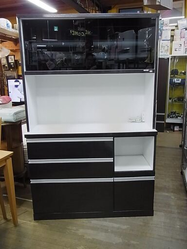 キッチン収納家具　ガラス引戸レンジボード　ダークブラウン　フルオープンスライドレール　食器棚　キッチンボード　家電
