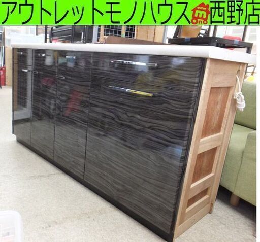 キッチンカウンター 幅164 ブラウン 鏡面 大理石風天板 両側 レンジラック キッチンラック レンジボード キッチンボード カウンターテーブル バーカウンター 間仕切り 収納 引き出し 食糧庫 ペイペイ対応 札幌市西区西野