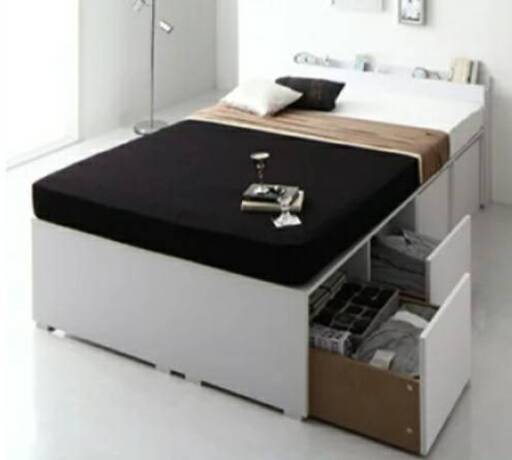 フレームのみ【未使用・訳アリ】敷き布団も使えるセミダブルベッド・棚2口コンセント＆４杯引出付き・ホワイト・10911