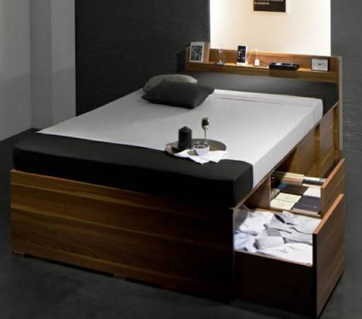 フレームのみ【未使用・訳アリ】敷き布団も使えるシングルベッド・棚2口コンセント＆４杯引出付き・ウォルナットブラウン・10847