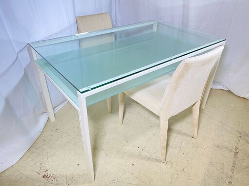 ダイニングテーブルセット テーブル チェア 3点セット 白 ガラス天板 中古品