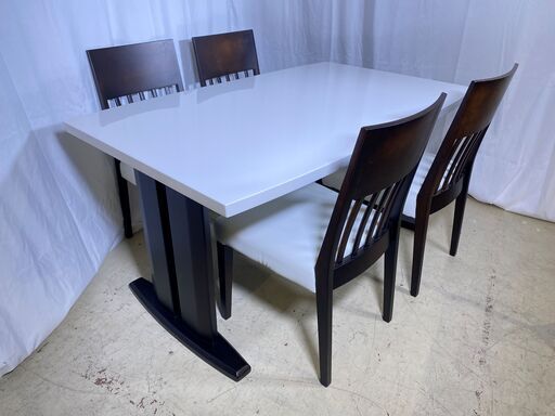 ダイニングテーブルセット テーブル チェア 5点セット 白×茶 中古品