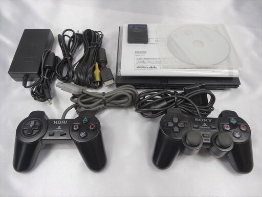 動作確認済【コントローラー２個＆取説あり】ソフト付き　薄型PS２ （SCPH-75000)　ブラック