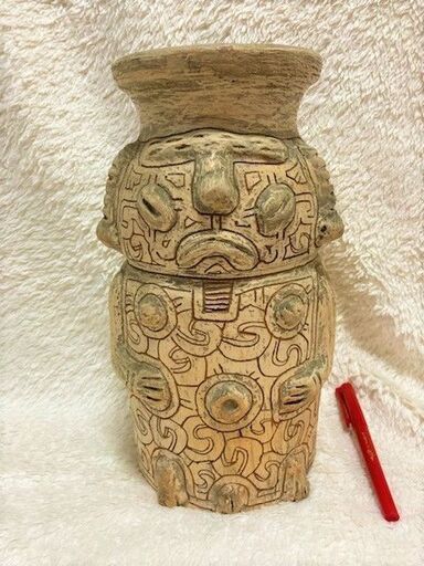 ★アンティーク・イタリアの土器?・高さ29㎝・幾何学模様に人顔デザイン・花器・インテリアなどに★