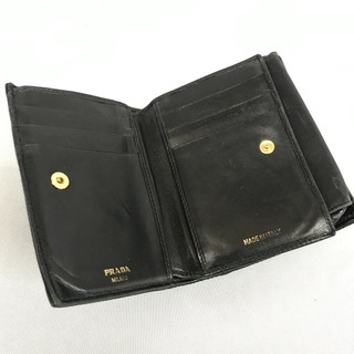 PRADA プラダ 黒レザー×ナイロン ワイルドステッチ キルティング折財布の画像