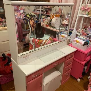 ニッセン 三面鏡 収納イス付き ピンク・白