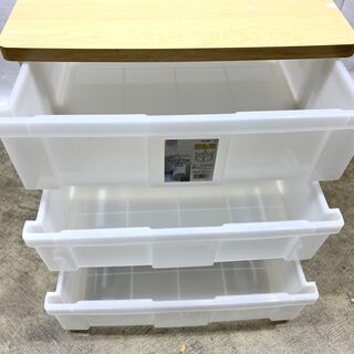アイリスオーヤマ ウッドトップチェスト 3段 N543 衣類収納 タンス 引き出し ローラー付 ポリプロピレン 中古  Eの画像